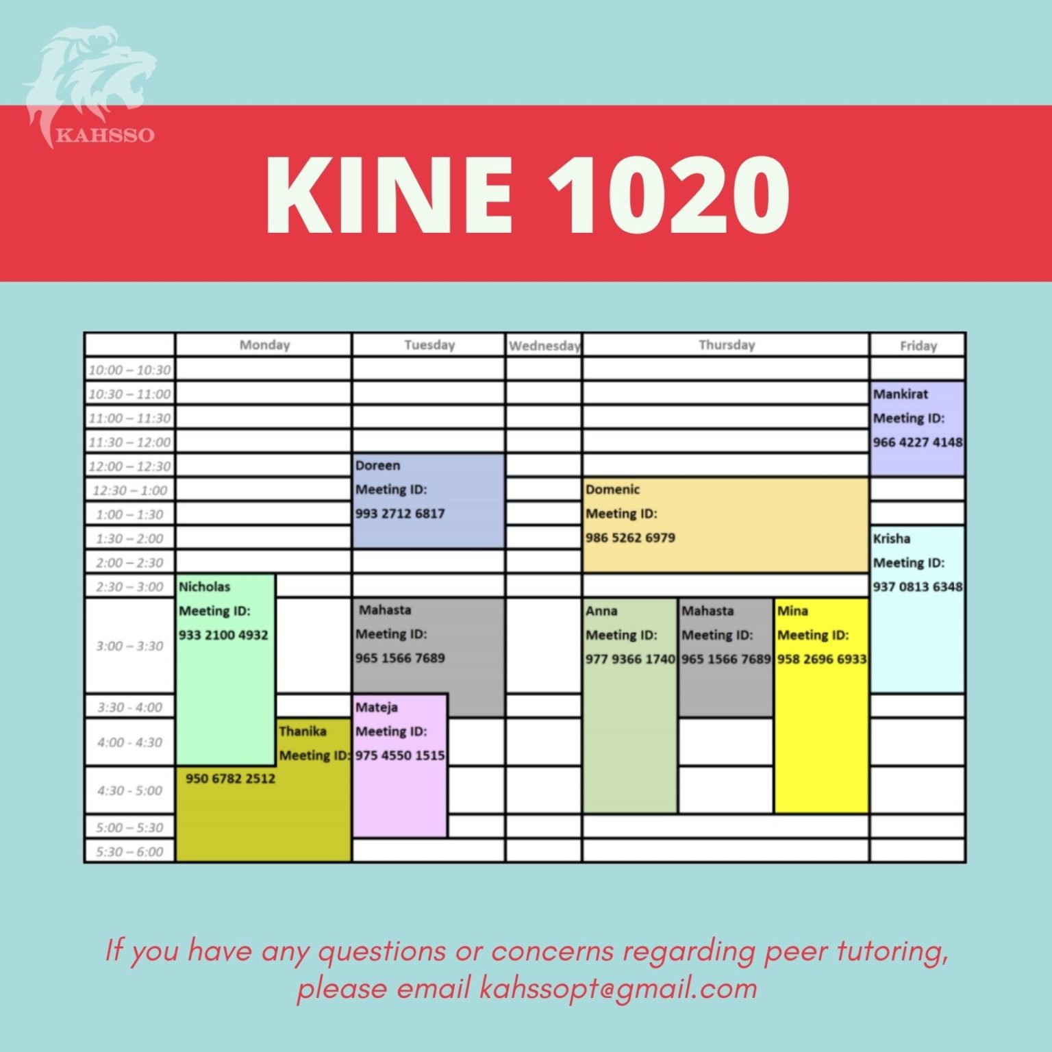 Tutoring Schedule Kinesiology and Health Science Student Organization